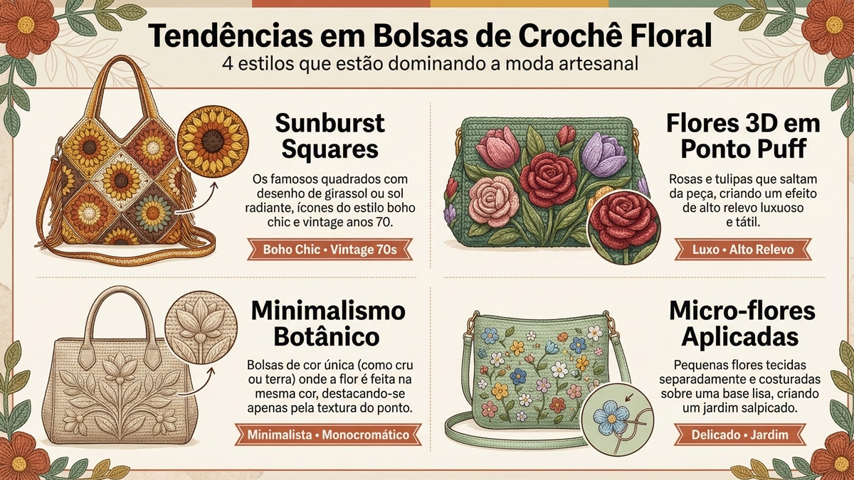Bolsas de crochê floral dominam looks urbanos e viralizam no Brasil - Imagem do artigo original